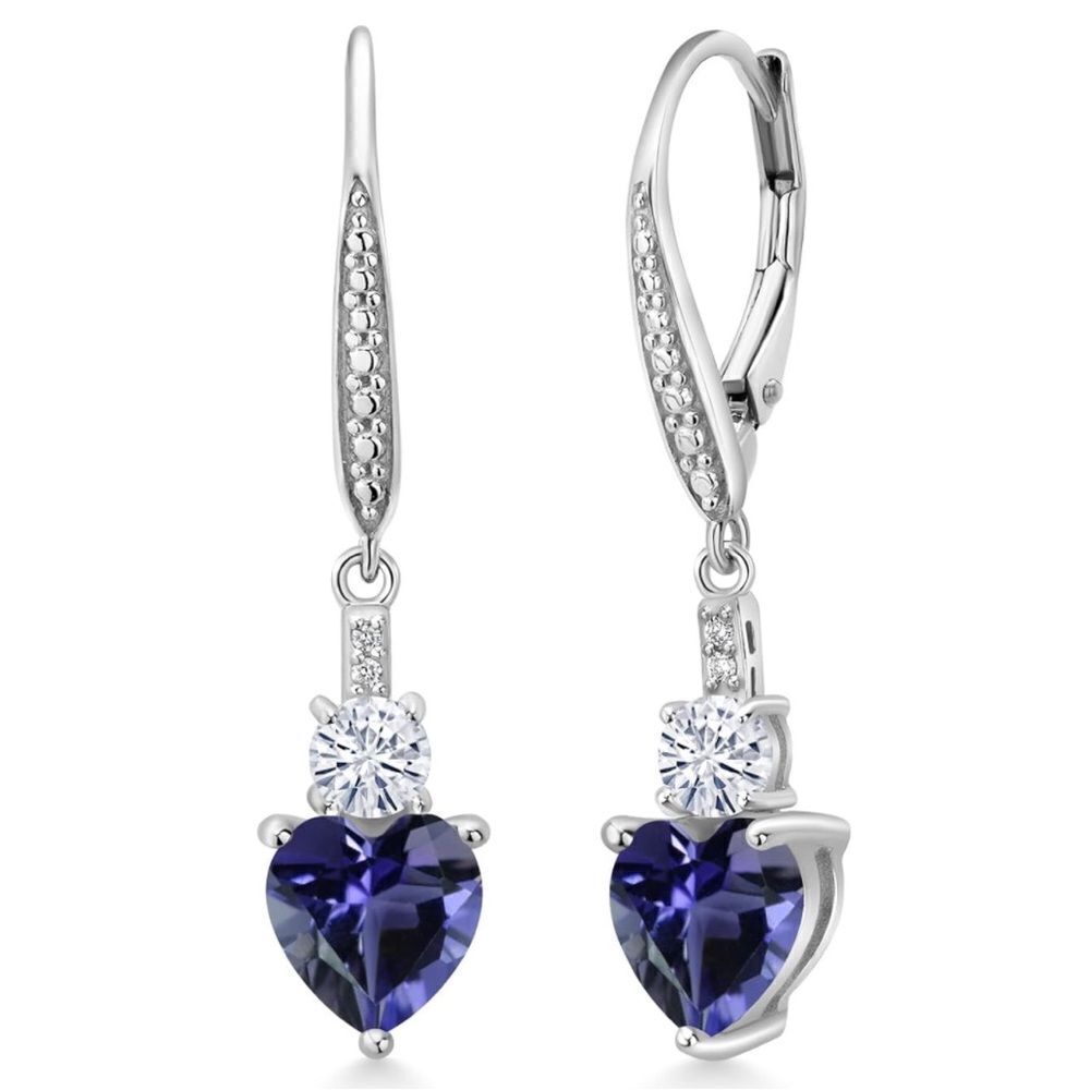 925 Sterling Silver with 2.17 Cttw Blue Iolite and Moissanite Heart Earrings